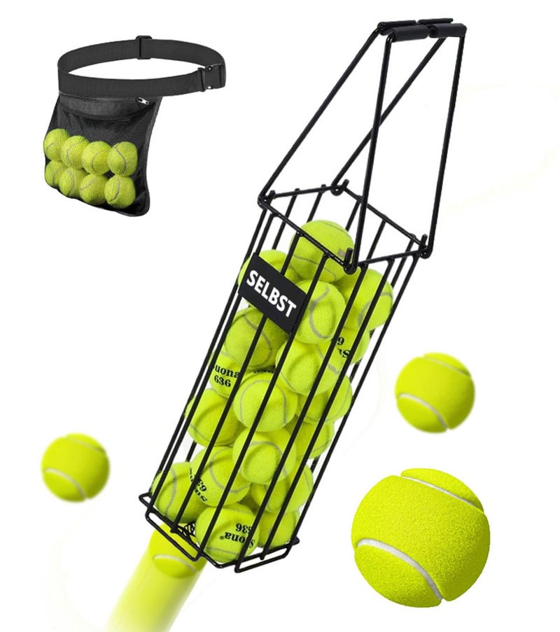 Selbst Tennis Ball Hopper, Tennis Balls Basket, Portable Pickleball Collector with Waist Ball Bag - Large Capacity Carrier Picker Upper Caddy Easy Pick-Up - Image 1